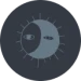 The image depicts a stylized sun and moon design with eyes on each side, creating a yin-yang like symbol, all within a dark circular background.