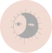 The image features a sun and moon design with eyes in each half, resembling a yin-yang symbol within a beige circle.