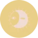 The image depicts a circular emblem with a split design of a sun and moon, each with an eye, set against a yellow background.