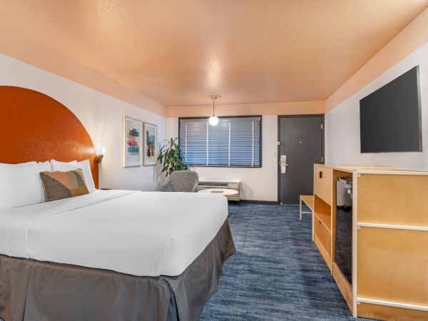 The image shows a modern hotel room with a bed, TV, chair, window, and minimalist decor with artwork on the walls.