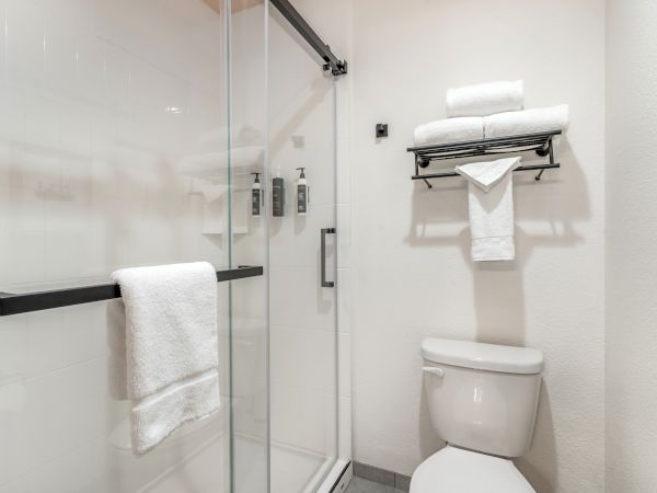 A modern bathroom with a glass shower, towels, and a toilet. Simple and neatly organized for a clean, minimalistic look.