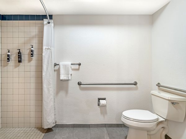 A bathroom with a tiled shower, white curtain, wall-mounted soap dispensers, towel on rack, toilet with grab bars, and toilet paper holder.