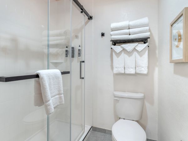 A bathroom with a glass shower, toilet, white towels on a rack, and a framed picture on the wall.