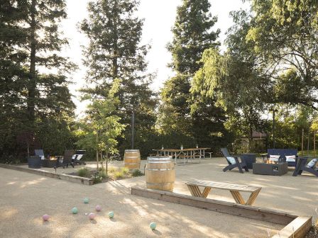 The image shows an outdoor leisure area with benches, logs, and scattered colorful balls surrounded by trees, creating a relaxed atmosphere.