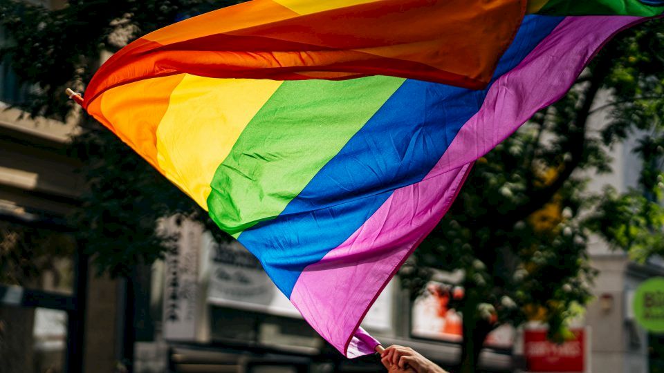 A colorful rainbow flag being waved by people in a crowd, suggesting a celebration or protest. The background reveals a street scene with trees.