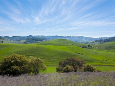 A scenic landscape shows rolling green hills under a clear blue sky with wispy clouds, dotted with trees and distant mountains in the background.