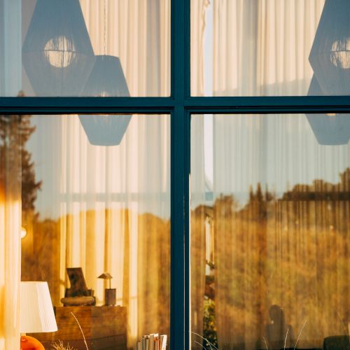 The image shows a window reflecting nature, with hanging lights and curtain visible inside, along with some furniture and decor items.