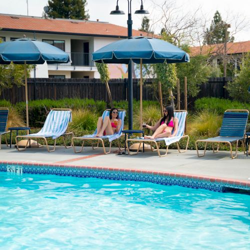 Two people relax on lounge chairs under umbrellas by a swimming pool, surrounded by more chairs and greenery ending the sentence.