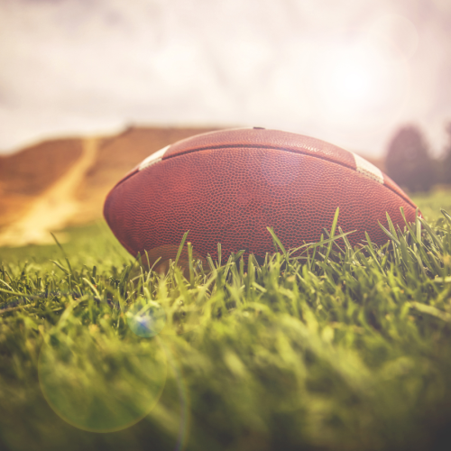 A football lies on a grassy field under a bright sky, with distant blurred trees and hills in the background.