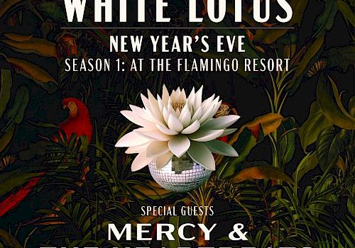 The image is a promotional flyer for "The White Lotus" New Year's Eve event at The Flamingo Resort with special guests Mercy & The Heartbeats.