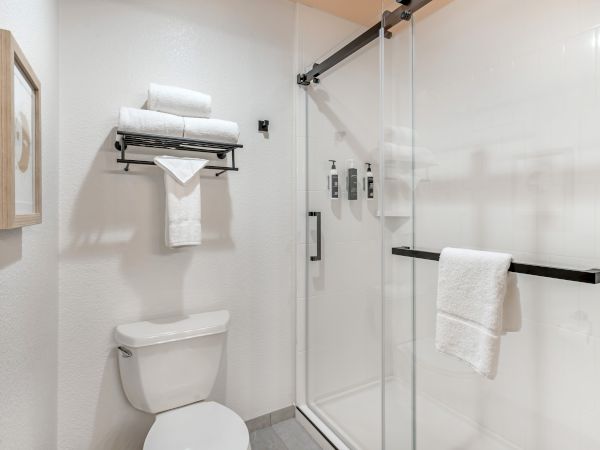 A modern bathroom with a toilet, wall-mounted shelf with towels, framed art, shower with glass door, and toiletries on the wall.