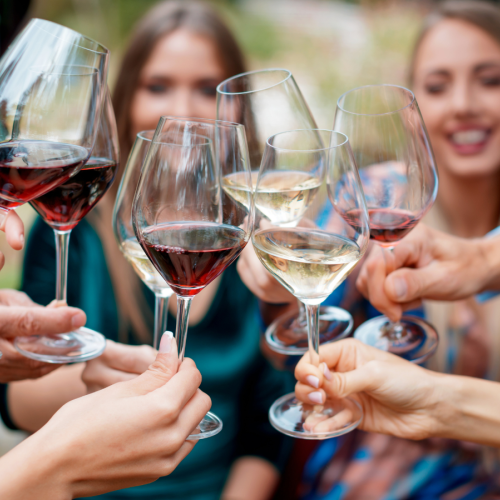 A group of people raising wine glasses in a celebratory toast, with both red and white wine visible.