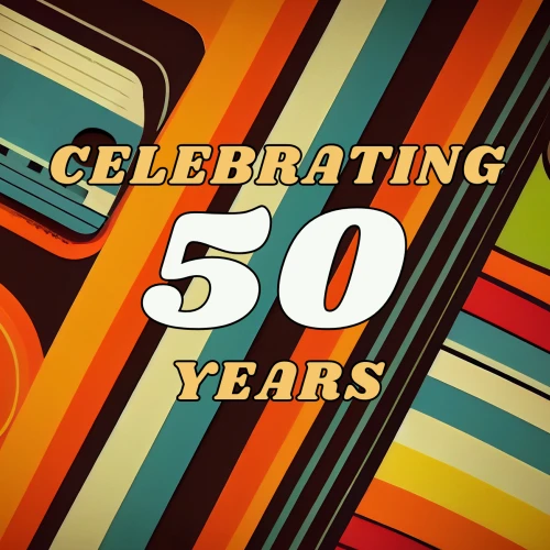 A retro-themed image with colorful stripes and cassette tape designs. The text reads "Celebrating 50 Years" in bold letters, centered on the image.